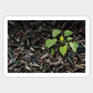 Gun Violence Hope Concept as gun shells with a green sapling growing as inspirational surreal art Sticker